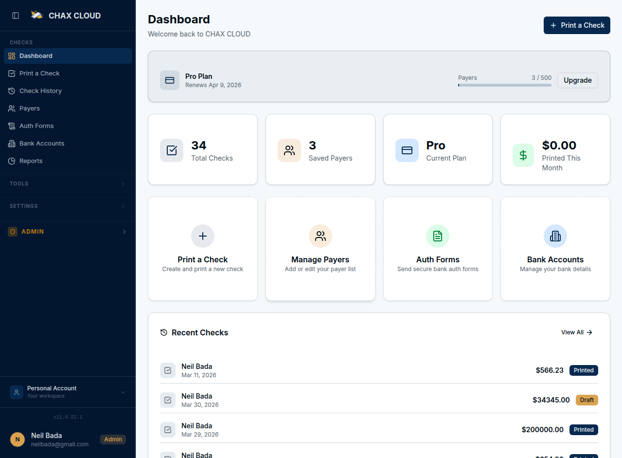 CHAX Cloud dashboard — check printing and payment management